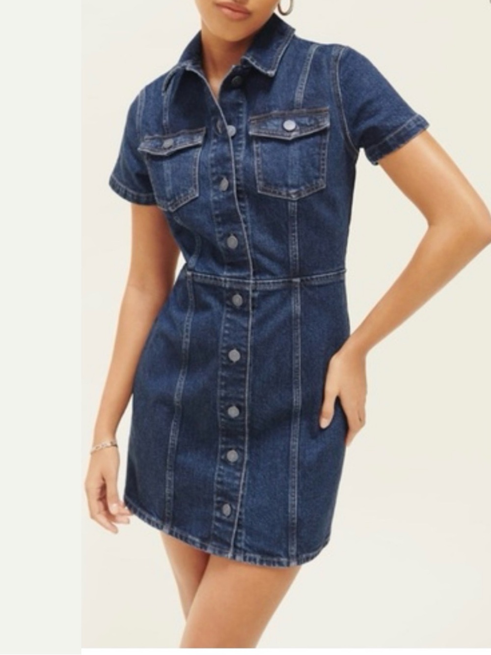 Reformation Kent  Blue Denim Button-Front Mini Dress Size 8